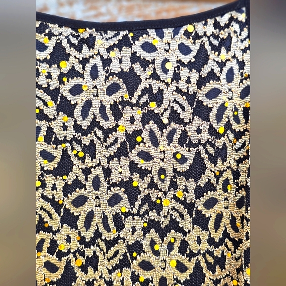 Candalite Long Maxi Halter Formal Dress Gold Lace & Gems Ruffle Black Bottom - Picture 8 of 11